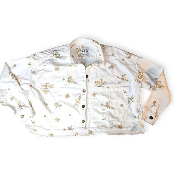 Zara White Gold Cropped Denim Jean Overshirt Button Down Jacket - Picture 2 of 9